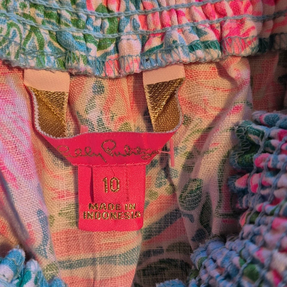 Lilly Pulitzer Keating Linen Pink & Aqua  Puff-Sleeve Square Neck Top SZ.1O - Picture 8 of 10